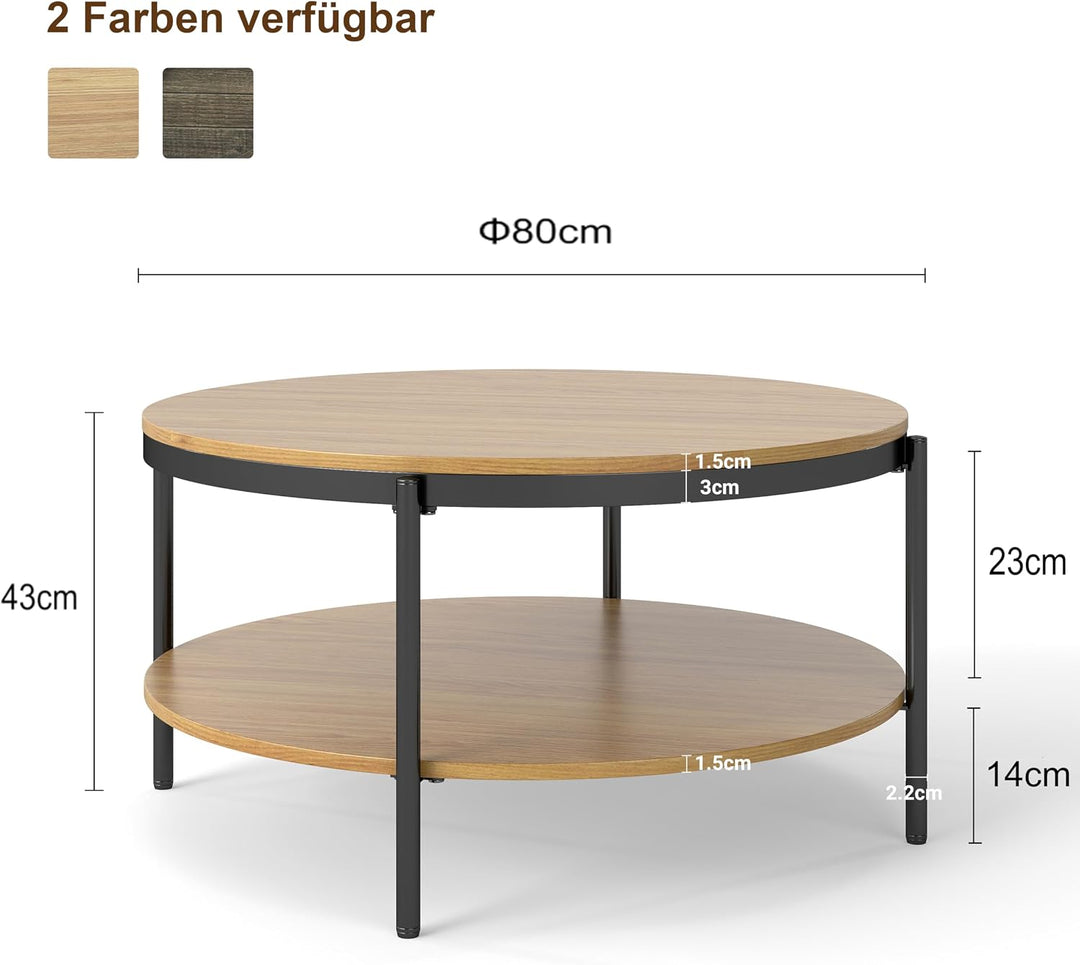 Manora Couchtisch Rund Holz, Runder wohnzimmertisch Klein 80 cm,Sofatisch mit stauraum 2 Ebenen, Eic