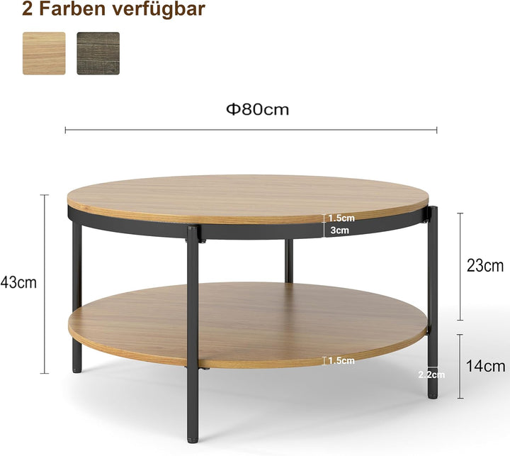 Manora Couchtisch Rund Holz, Runder wohnzimmertisch Klein 80 cm,Sofatisch mit stauraum 2 Ebenen, Eic