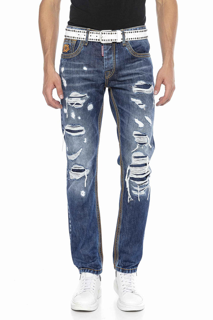 Cipo &amp; Baxx Herren Jeans &amp; Freizeithose | Used Look, Ziernähte, Logo Stickerei, Kontrastnähten, Bike