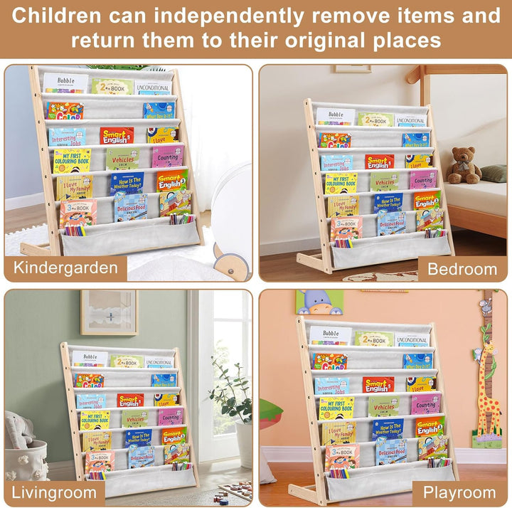 Bücherregal Kinder, Kinder Bücherregal Regal mit 6 Ebenen, Bücher Organizer, Bücherregal aus Naturho