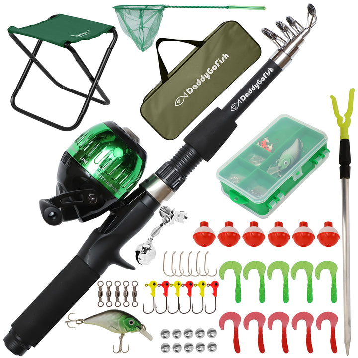 DaddyGoFish Kinder Angelset - Teleskoprute &amp; Rolle Combo mit Klappstuhl, Rutenhalter, Tackle Box, Kö