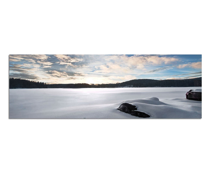 Paul Sinus Art Panoramabild auf Leinwand und Keilrahmen 150x50cm Schneedecke EIS Wald Sonnenuntergan