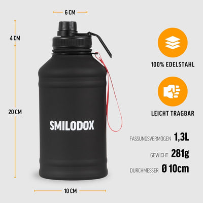 SMILODOX Edelstahl Trinkflasche 1,3 Liter - Extra Stark Sport & Fitness Wasserflasche mit Druckversc