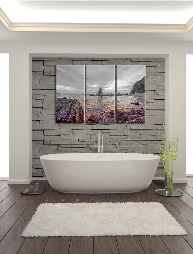 Pixxprint Küstenlinie mit schönen Sonnenuntergang B&W Detail 3-Teiler Leinwandbild 120x80 Bild auf L