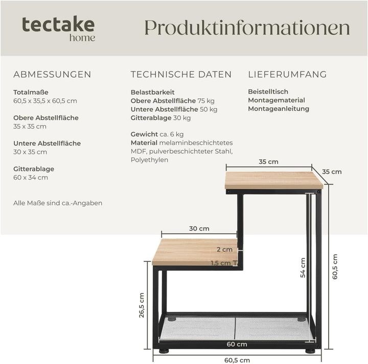 tectake® Industrial Beistelltisch Holz + Metall, Couchtisch 60,5 x 35,5 x 60,5 cm, Deko Wohnzimmer,