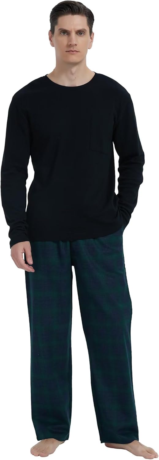 GLOBAL Herren Schlafanzüge Flanell Herren Pyjama Set Baumwolle Langarm-Pullover Oberteil und elastis