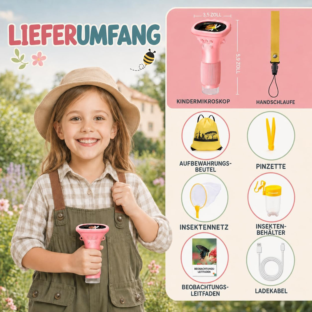 GeschenPark Handheld Kinder Mikroskop Outdoor Entdeckungs Set - 1000x Vergrösserung, 2" HD Display -