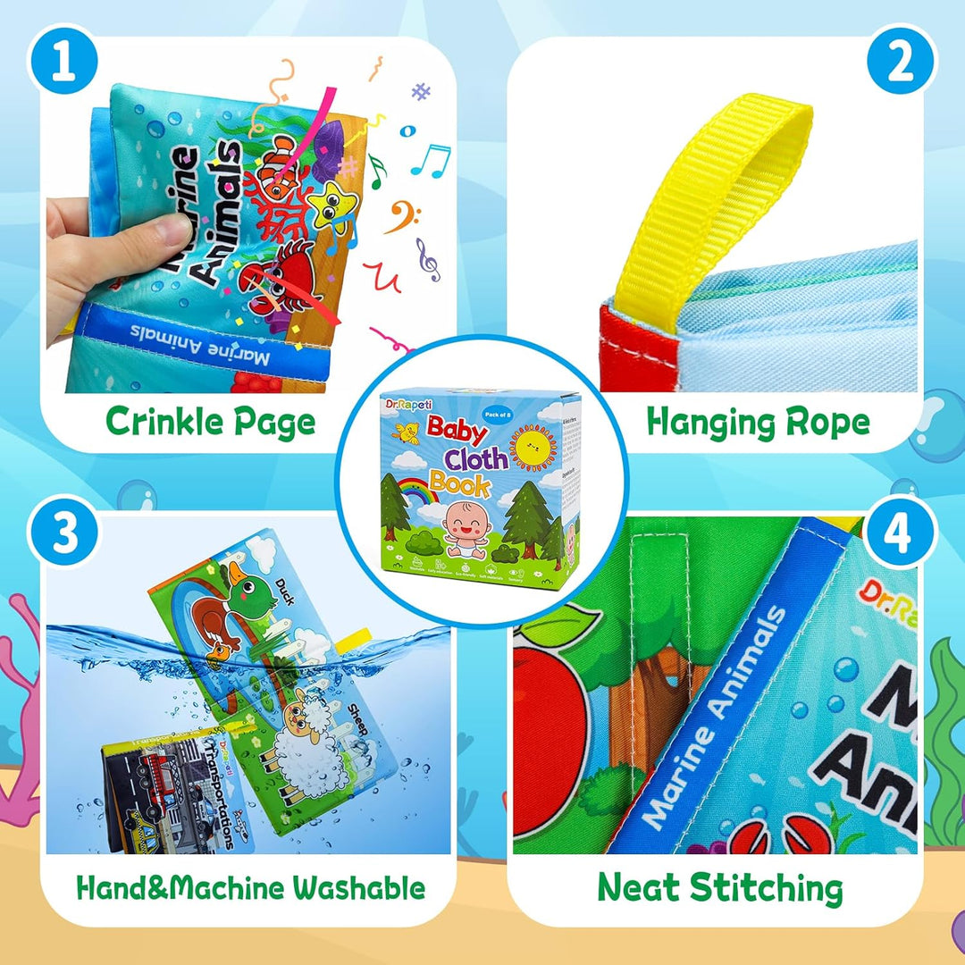 Dr.Rapeti 8 Stück Stoffbuch für Babys, Baby Soft Tuchbuch, Baby Pädagogisches Spielzeug, Vorschulspi