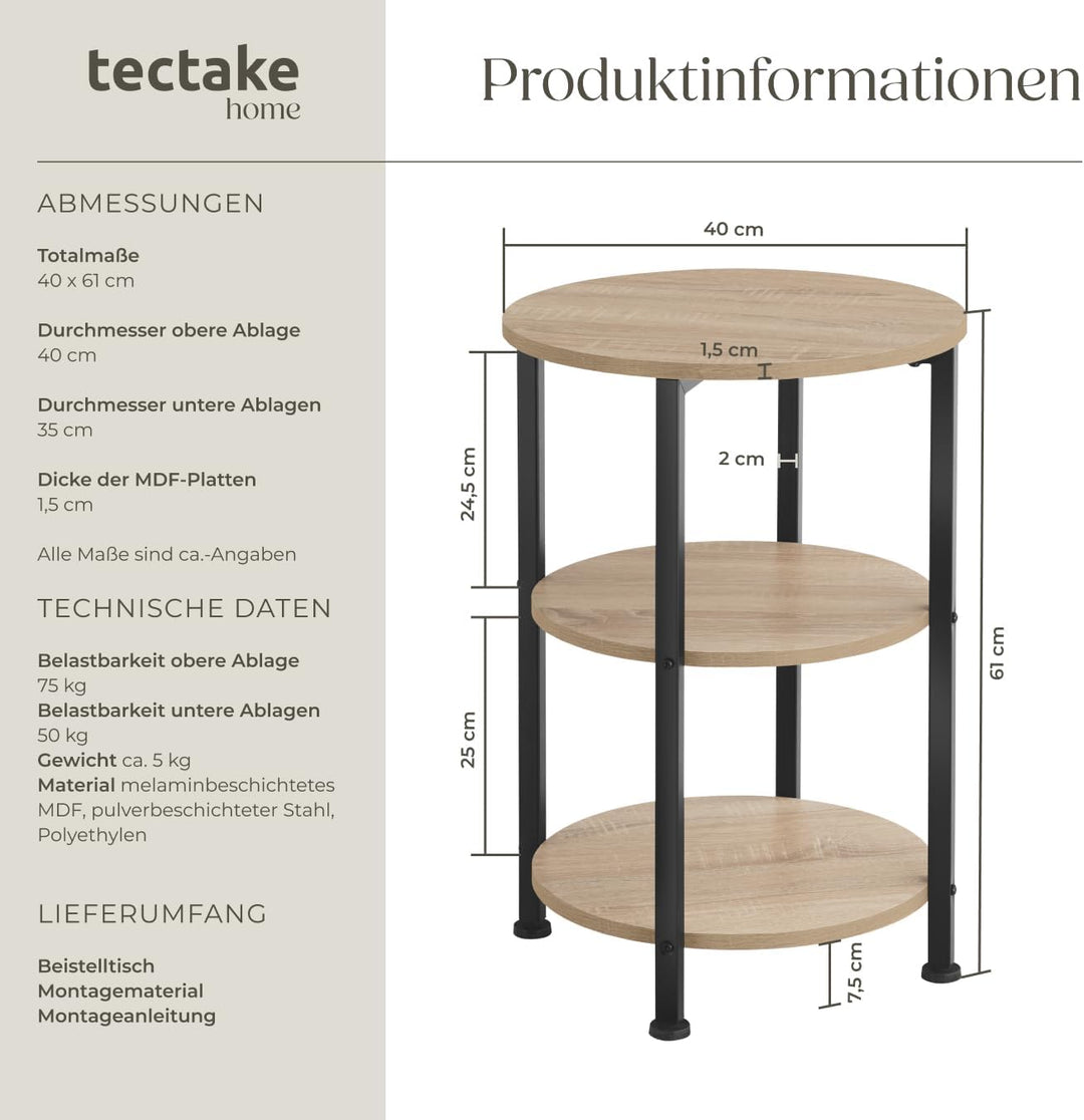 TecTake Beistelltisch rund aus Holz und Metall, Industrie-Design, Couchtisch mit 3 Ebenen, für Wohnz