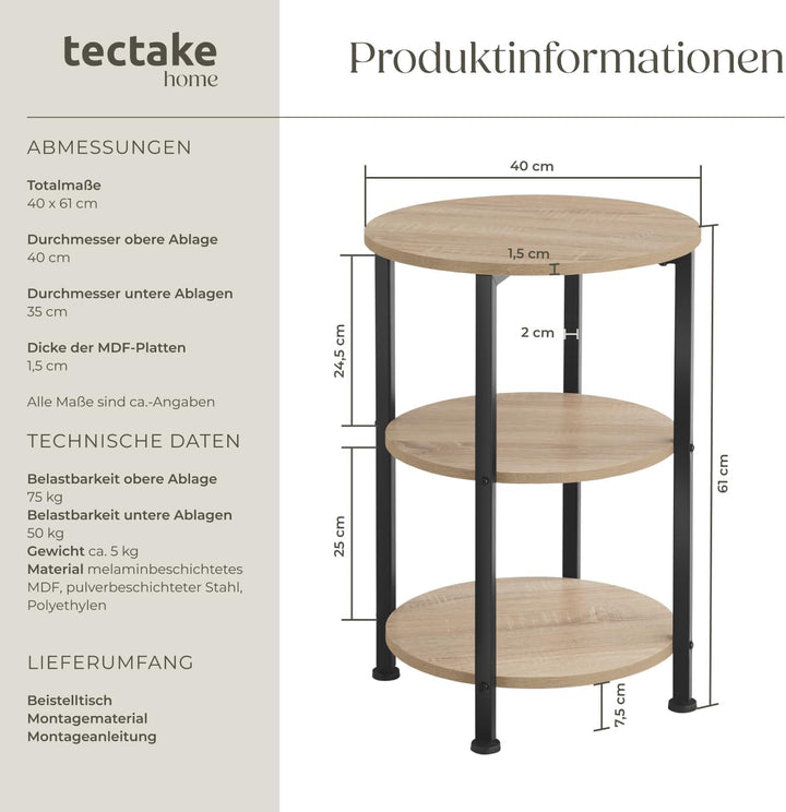 TecTake Beistelltisch rund aus Holz und Metall, Industrie-Design, Couchtisch mit 3 Ebenen, für Wohnz