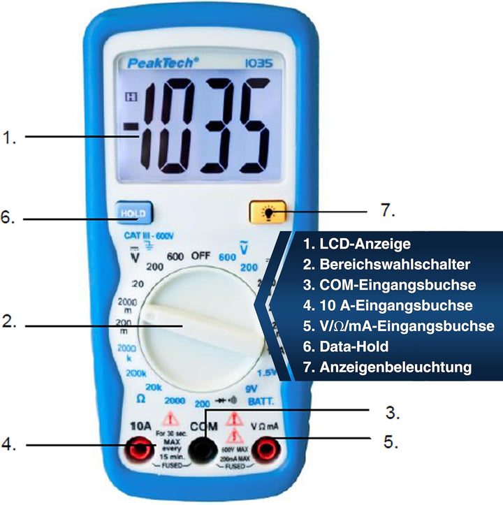 PeakTech Kompaktes Digital-Multimeter P1035 zur Messung von Spannung, Gleichstrom und Widerstand, Bl