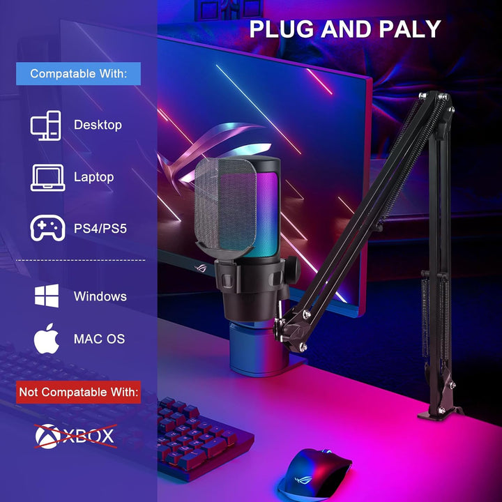Diealles Shine PC Gaming Mikrofon USB Mit Arm, Stummschalttaste, Für MAC PS4 PS5, Podcast Streaming