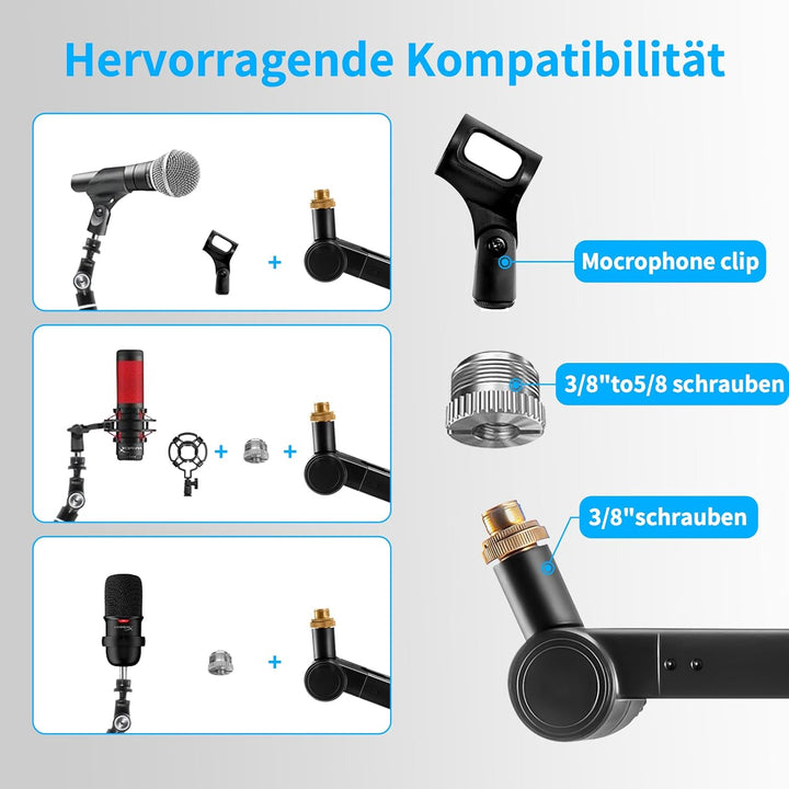 Mikrofon Arm 73-175cm Mikrofonständer Einstellbare Mikrofonstativ Mikrofon Ständer mit 2 Mikrofonkle