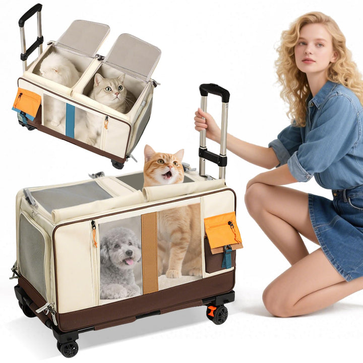 PETCUTE Haustier-Transporttasche mit Zwei Fächern und Abnehmbaren Rädern,Atmungsaktiv,Katzentrage fü