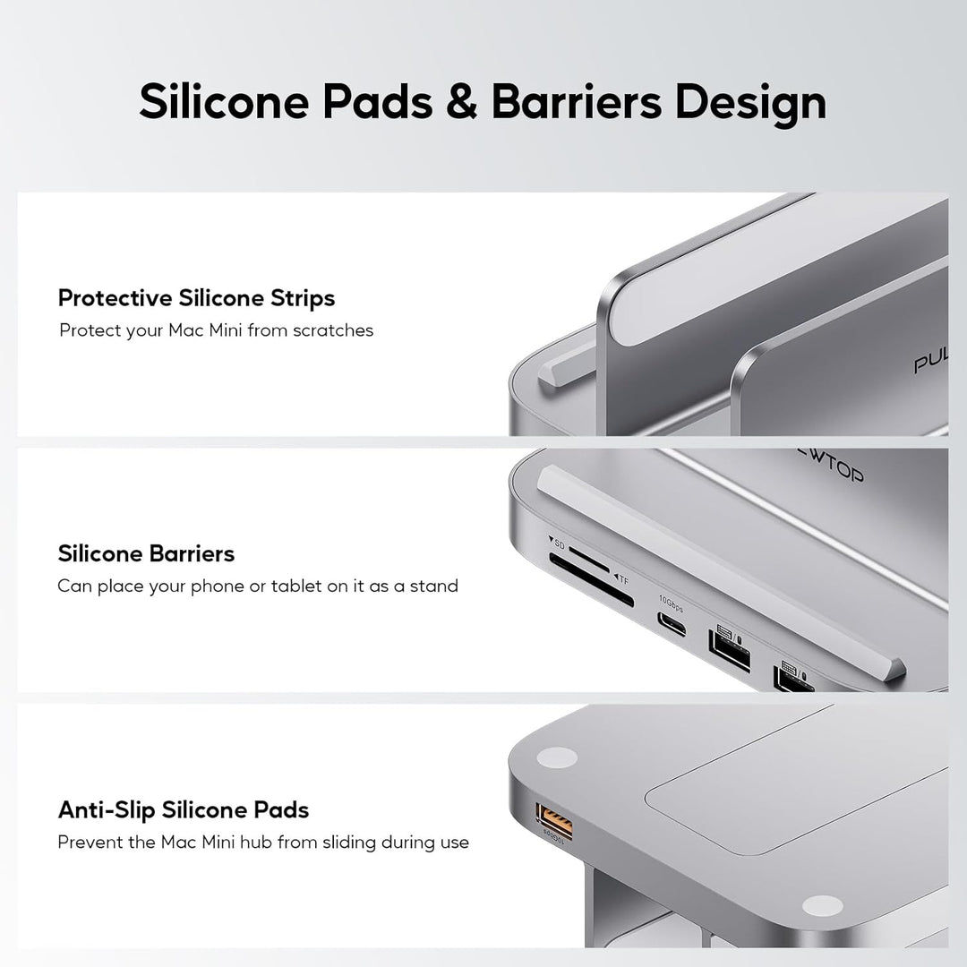 PULWTOP Mac mini Hub Ständer mit M.2 PCIe NVMe SSD-Gehäuse, 8-in-1 Vertikale Dock mit USB A/C 10 Gbi