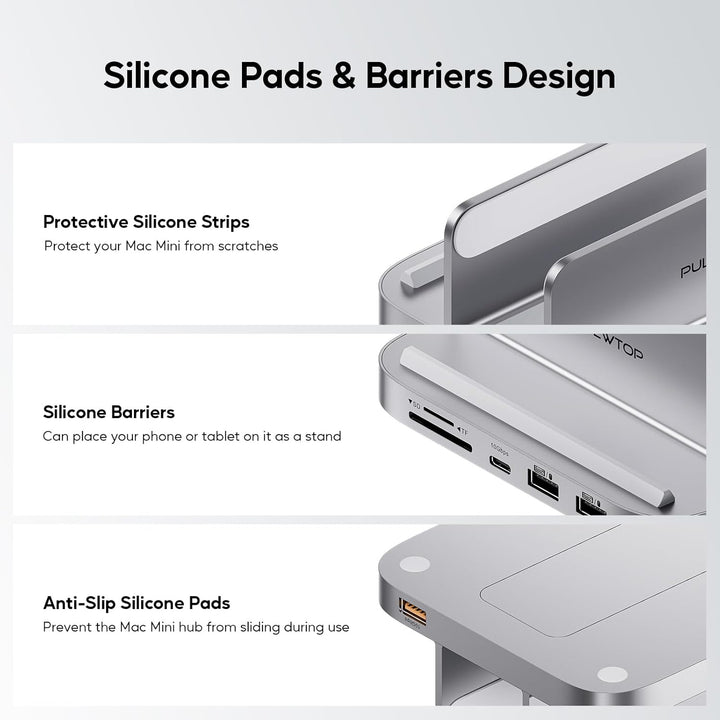 PULWTOP Mac mini Hub Ständer mit M.2 PCIe NVMe SSD-Gehäuse, 8-in-1 Vertikale Dock mit USB A/C 10 Gbi