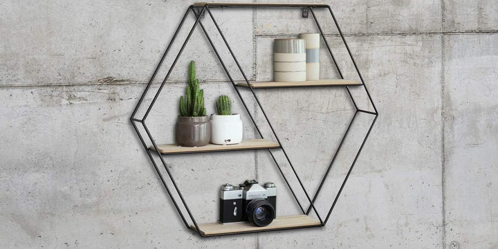 LIFA LIVING Hexagon Wandregal aus Metall & Holz mit 4 Böden, Schwarzes Schweberegal im Industrie Des