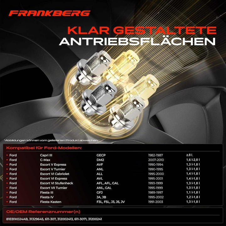 Frankberg 20x Radmutter Vorne Hinten Kompatibel mit C-Max Capri III Cougar Escort Fiesta Focus Fusio