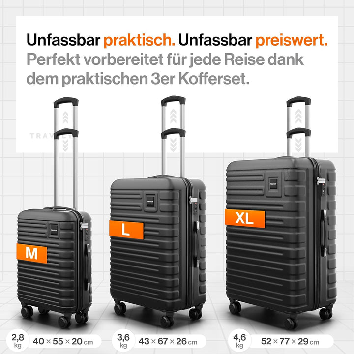 Travely Premium Koffer Set: 28", 24" & Handgepäck Koffer in einem Set. Mehr als 250L Volumen zusamme