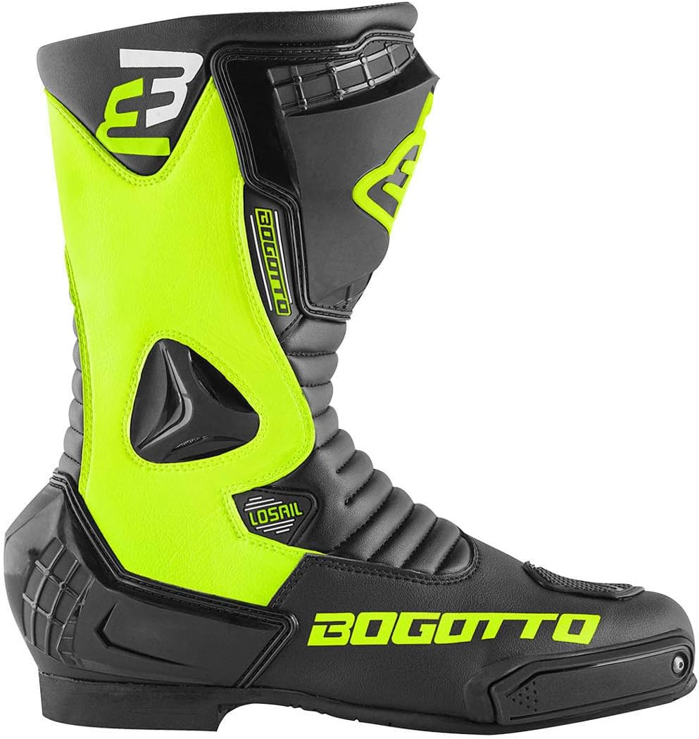 Bogotto Losail Motorradstiefel, schwarz/neon-gelb, 42 | CE-Protektoren Schwarz Neon Gelb 42 EU, Schw