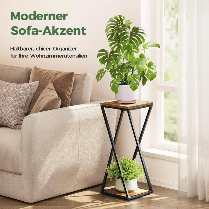 Bamworld Blumenständer Metall mit Holz Ablagen, 2 Ebenen Pflanzenständer im Industrie-Design, Blumen