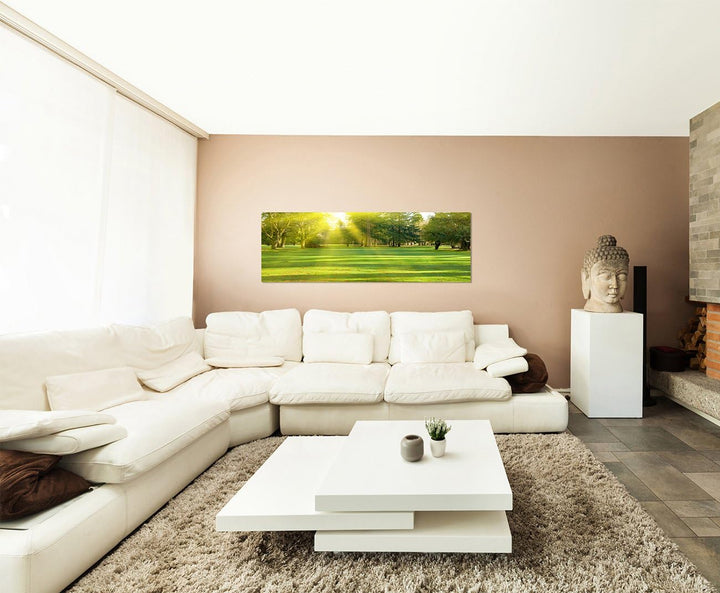 Paul Sinus Art Panoramabild auf Leinwand und Keilrahmen 150x50cm Wiese Bäume Wald Sonnenstrahlen Frü