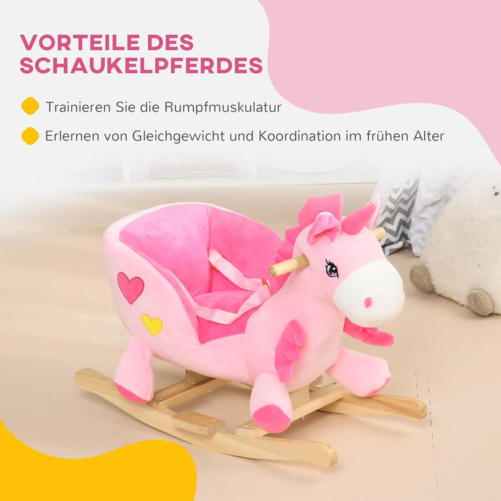 HOMCOM Schaukeltier Einhorn, Kinderschaukelstuhl mit Musik, Beckengurt, Fussstütze, Baby Schaukelstu