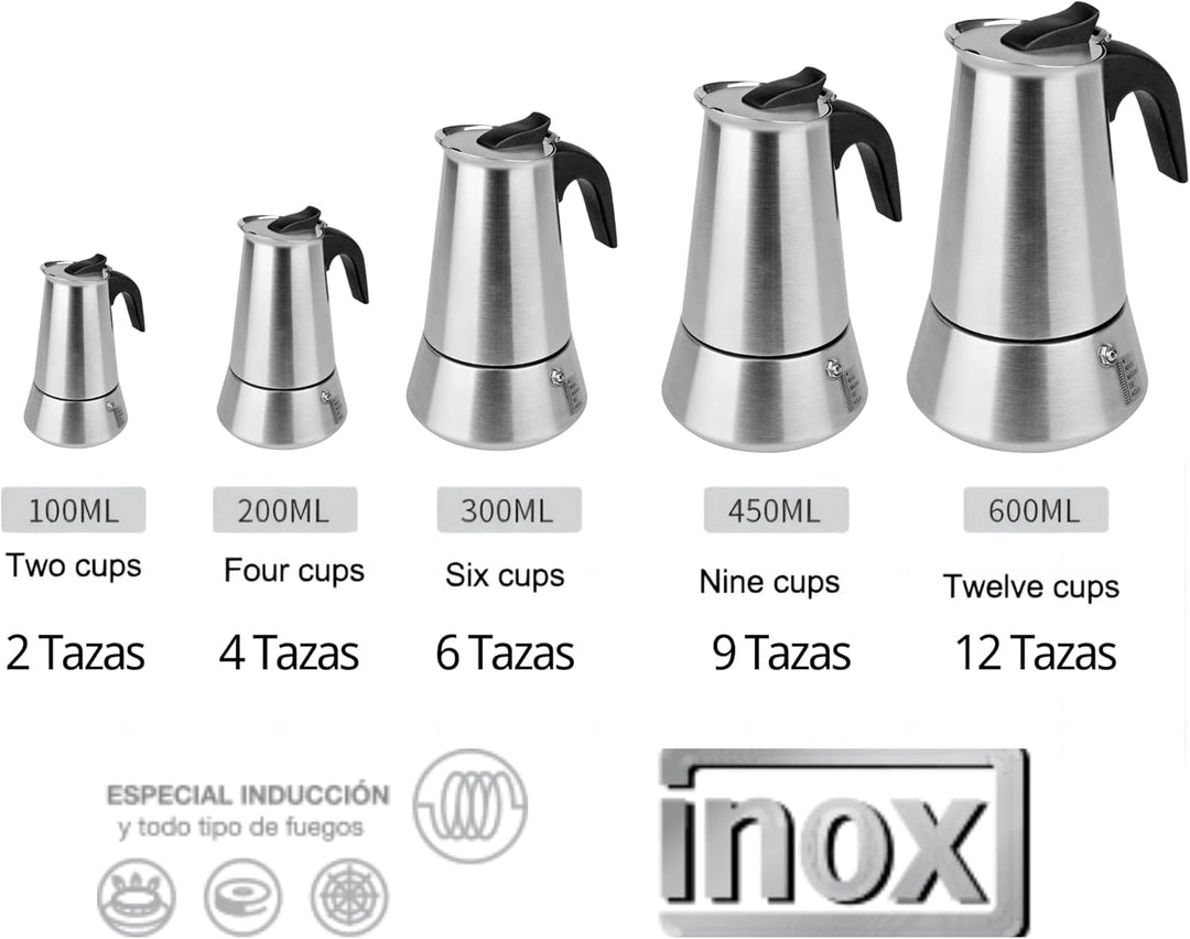 Espressokocher aus Edelstahl, Induktion, 9 Tassen, 450 ml, für alle Herdarten geeignet, Glaskeramik-