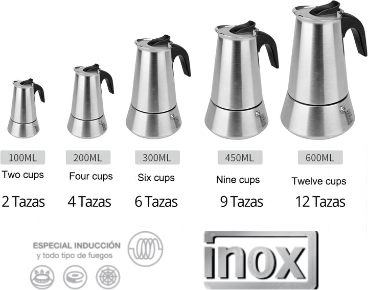 Espressokocher aus Edelstahl, Induktion, 9 Tassen, 450 ml, für alle Herdarten geeignet, Glaskeramik-