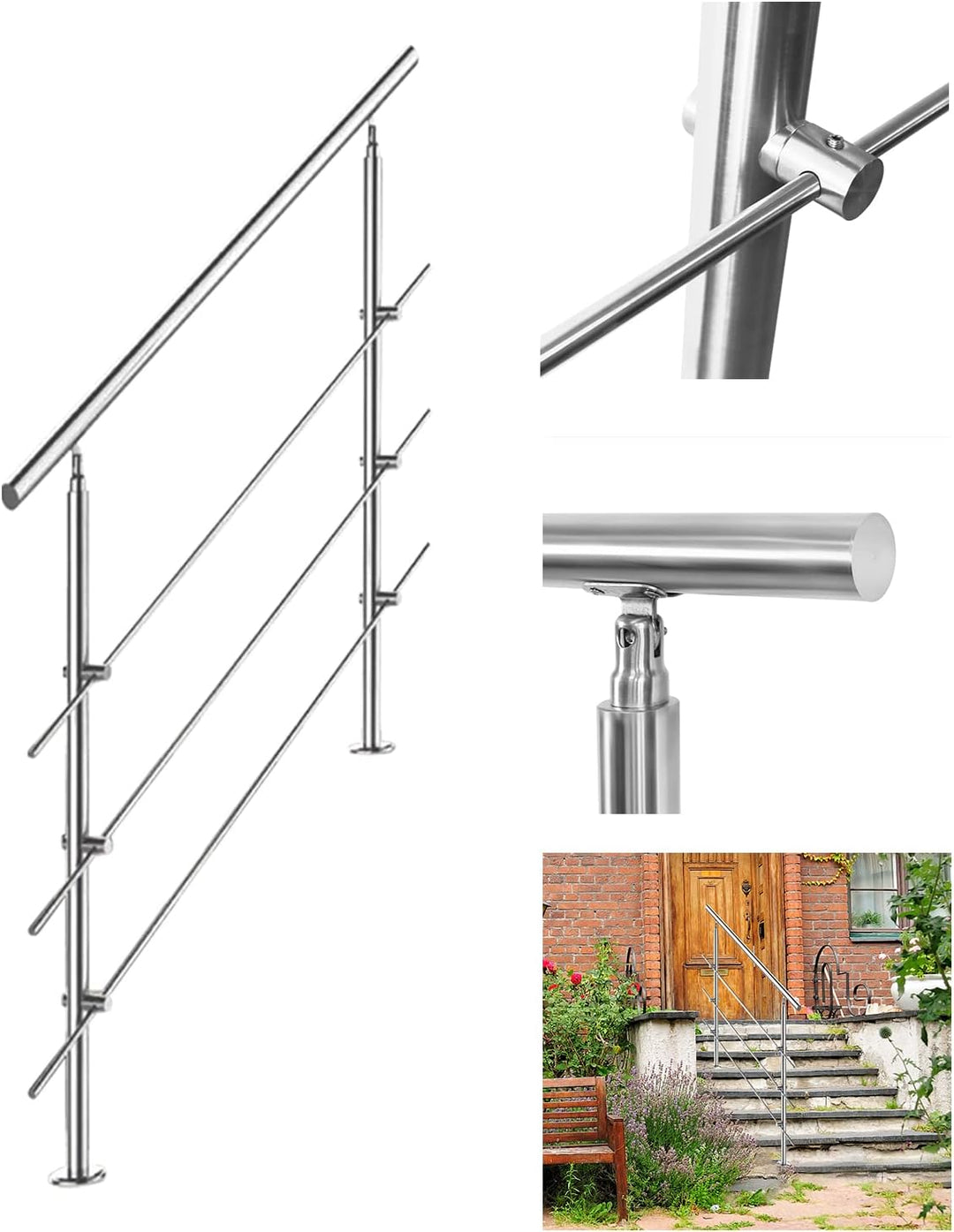 Jiubiaz Treppengeländer 100cm, Geländer Edelstahl Handlauf Wandhandlauf Innen & Aussen, mit 3 Querst