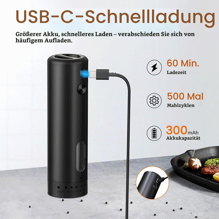 Elektrische Pfeffermühle USB-aufladbar, Automatische Salz Pfeffermühle mit Grossem Fassungsvermögen