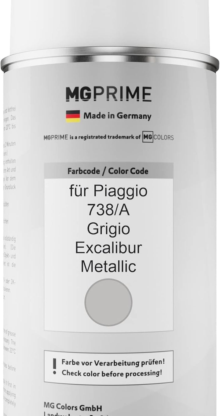 MG PRIME Autolack 2K Spraydosen Set für Piaggio 738/A Grigio Excalibur Metallic Basislack 2 Komponen