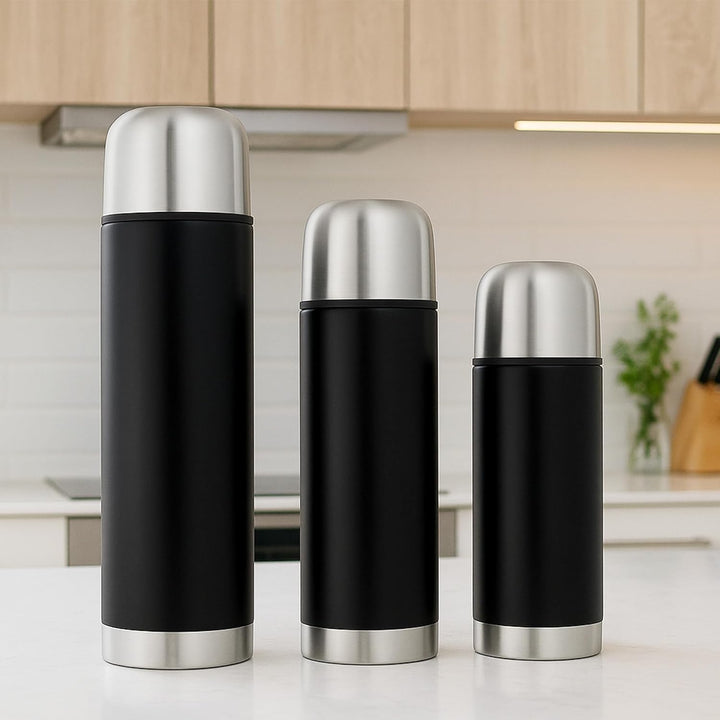 GRÄWE Isolierflaschen-Set 3-teilig Edelstahl 0,35 Liter,0,5 Liter und 1 Liter - schwarz 1000 ml, 500