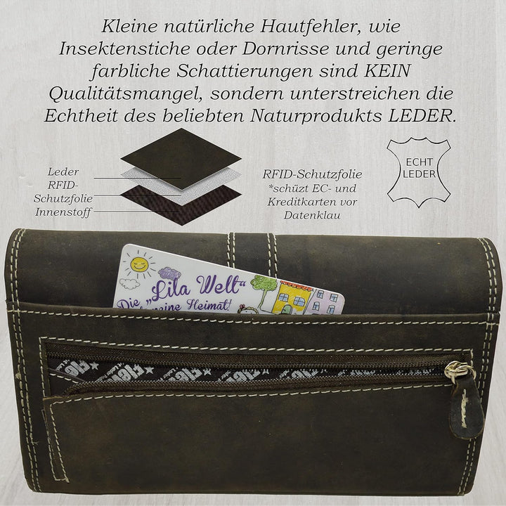 flevado Damengeldbörse Echt Leder RFID Schutz Schnallenoptik Klickverschluss 3 Farben wählbar (Schwa