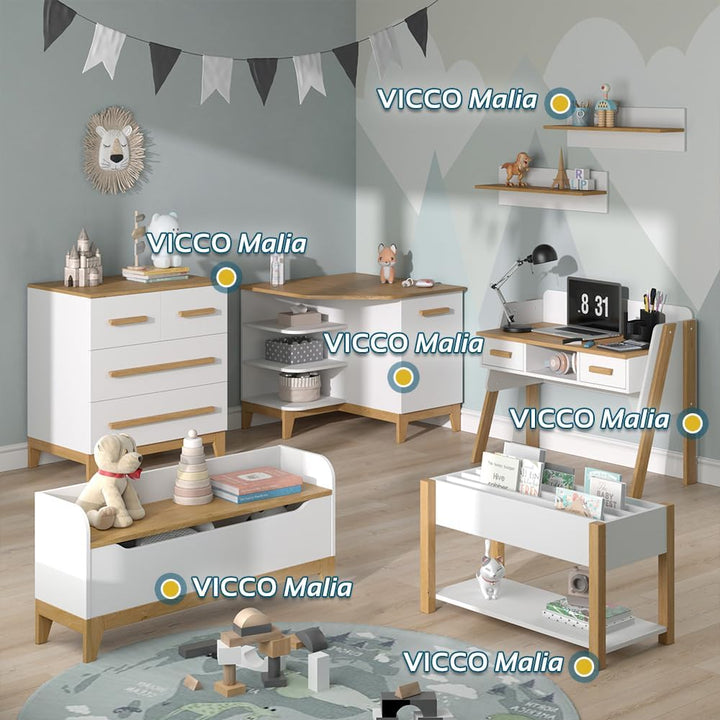 Kinderregal Malia, Weiss, 80 x 46 cm, zur Aufbewahrung von Spielzeug und Büchern freistehend, Weiss
