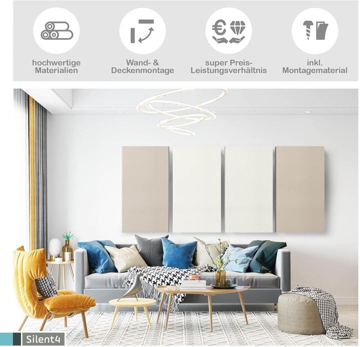 SILENT4® Schallabsorber Wand & Decke 120x60x5cm Akustikbild Akustikpaneele mit Akustikwolle, Schraub