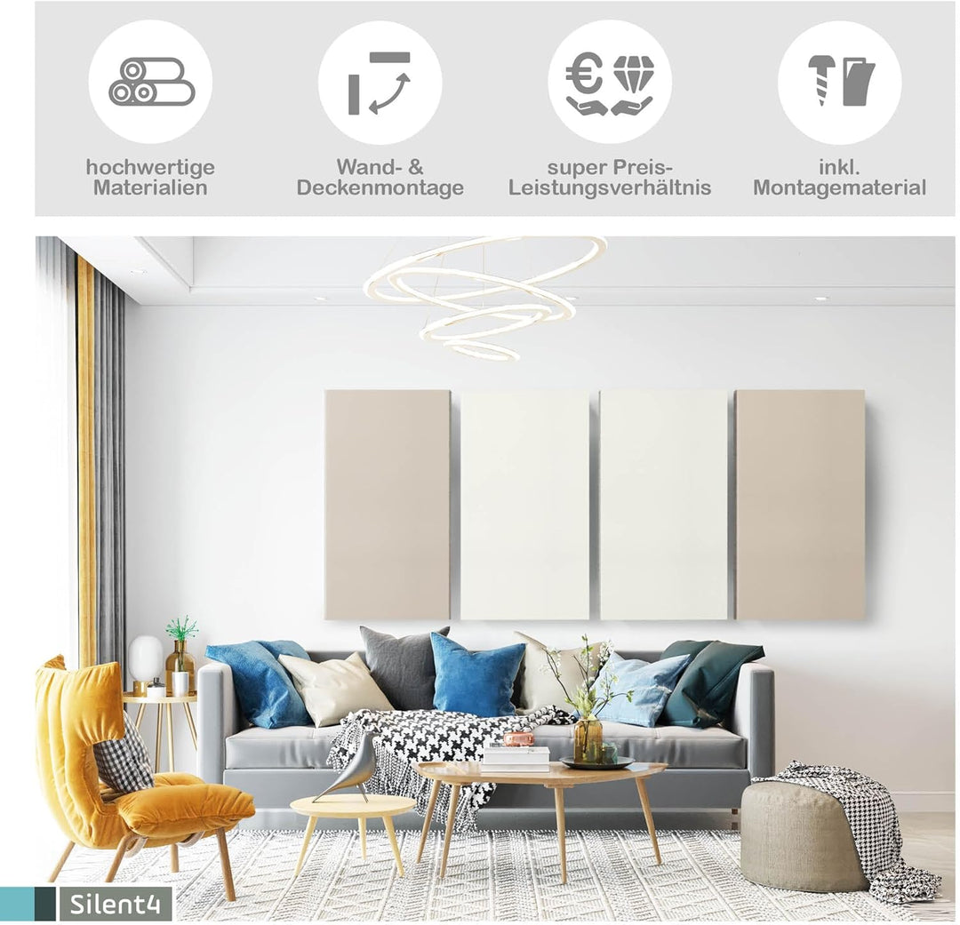 SILENT4® Schallabsorber Wand & Decke 120x60x5cm Akustikbild Akustikpaneele mit Akustikwolle, Schraub