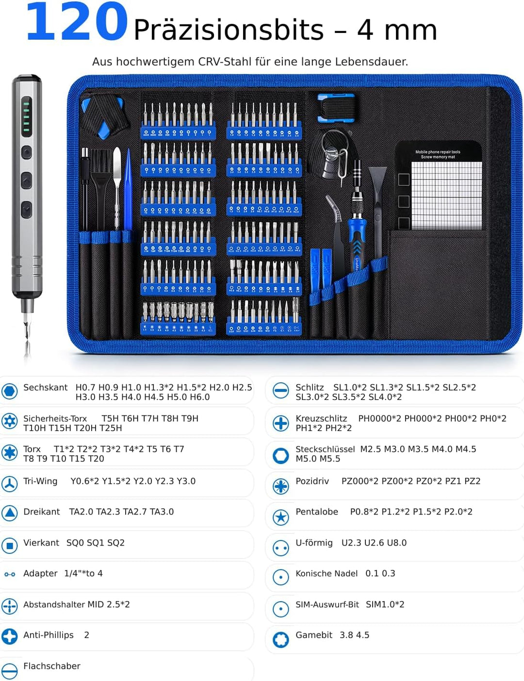 Mini Elektro Schraubendreher Set 140-tlg.: Präzisions-Reparatur-Set Feinmechaniker Werkzeug mit 120