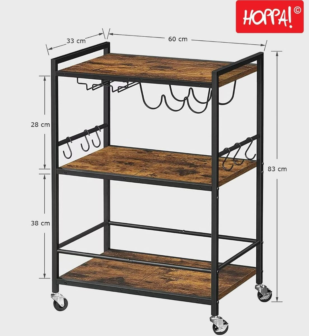 Hoppa! - Servierwagen, Barwagen - Mit Weinregal und Glashaltern – Metall – Holz – 60×33×83 cm