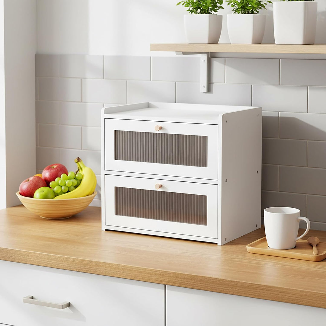 Relaxdays Brotkasten Bambus, 2 Etagen, Brotlade mit Sichtfenstern, Klapptüren, HBT: 34 x 36,5 x 24 c