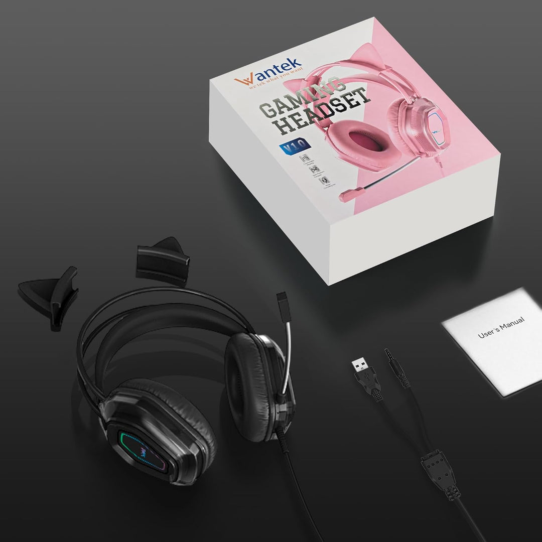 Wantak Katzenohr Kopfhörer mit Mikrofon – Kabel (3,5mm/USB) – Gaming Headset für PC/PS5/Xbox – Noise