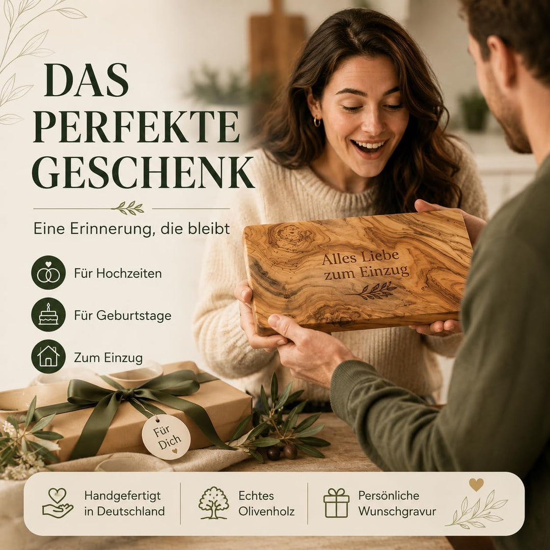 Schneidebrett personalisiert, Olivenholz - Rechteckiges Holzbrett mit Gravur (30 x 15 cm) Mit Gravur