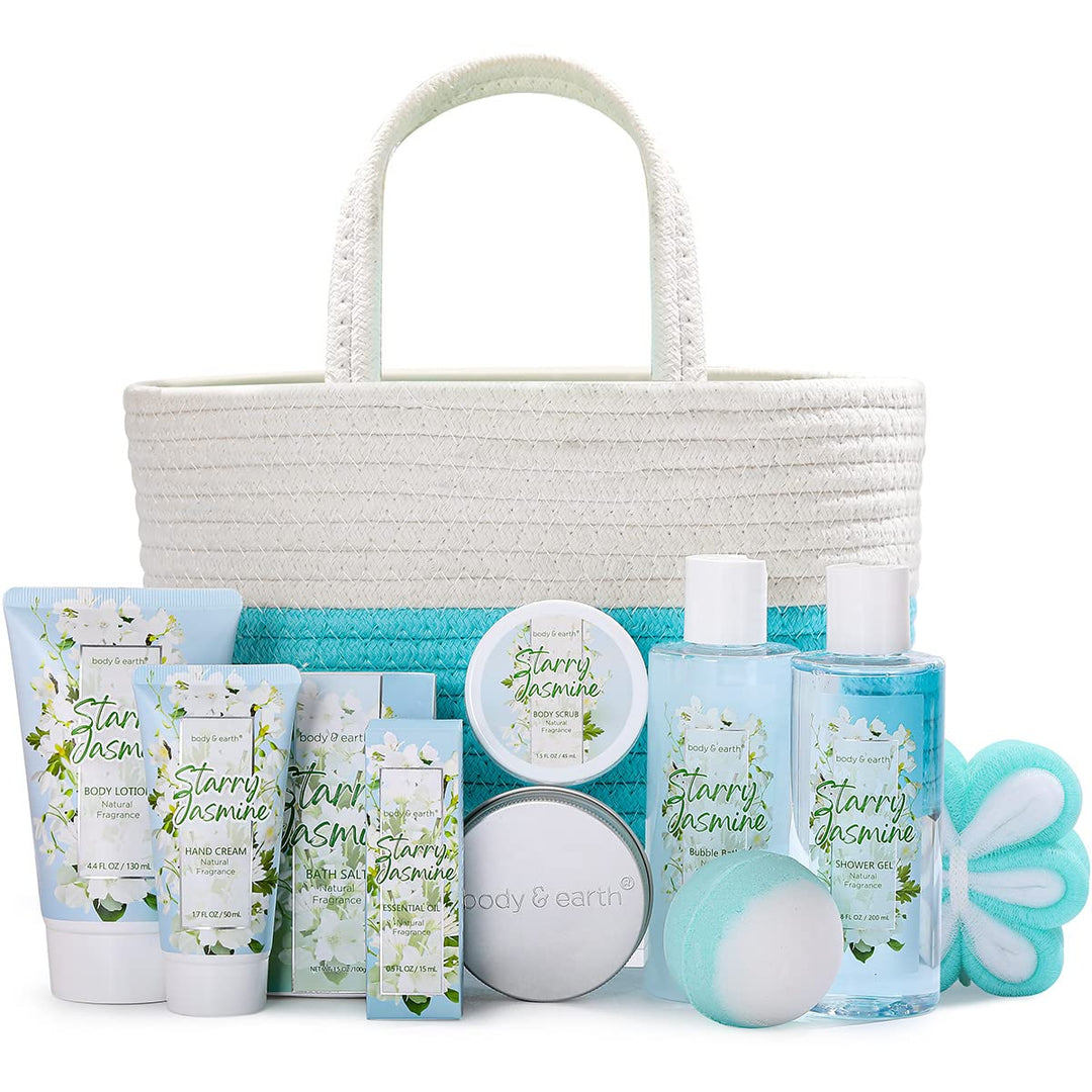BODY & EARTH Geschenkset Frauen, 11 tlg. Jasmin Geschenkkorb, Ätherisches Öl, Duschgel, Schaumbad, S