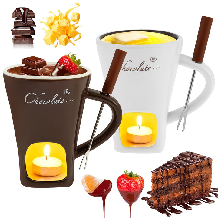 2 Stück Schokofondue Tasse,Schokoladen Fondue Becher Set,Keramik Schokoladenfondue mit Gabel,Schokol