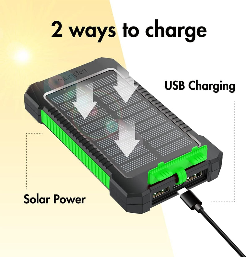 Solar-Powerbank mit 8000 mAh, Taschenlampe, gleichzeitiges Aufladen von 2 Geräten (2X USB Typ-A), sc