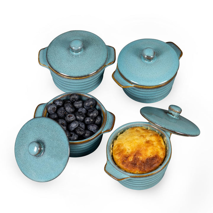 HENXFEN LEAD Mini Cocottes aus Steinzeug, 230ml Auflaufförmchen Souffle Förmchen mit Deckel, 4er-Set