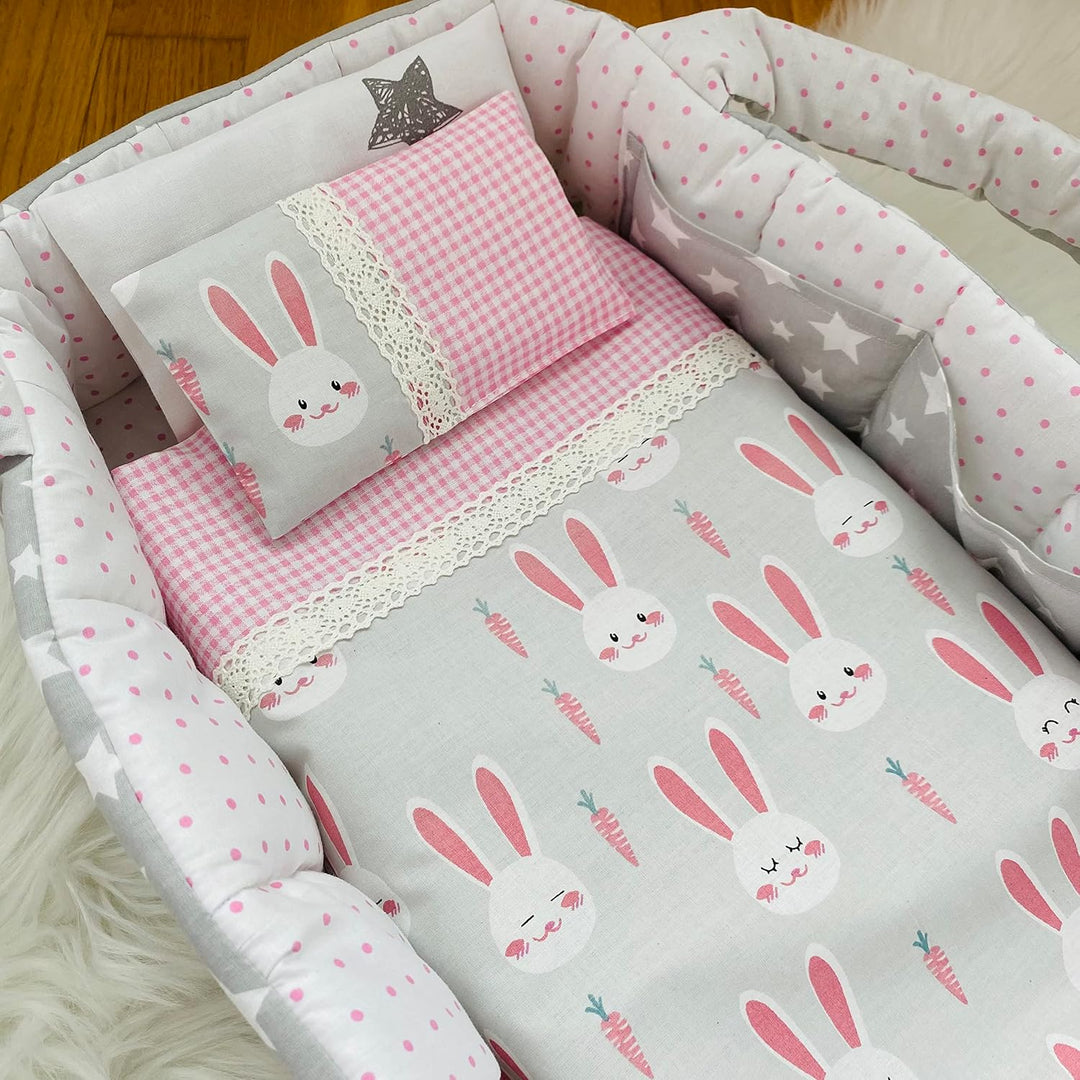 Puppentragetasche mit Sternen und Hasen für Puppen von 30 bis 55 cm mit Bettwäsche, Grau-Rosa, Wasch