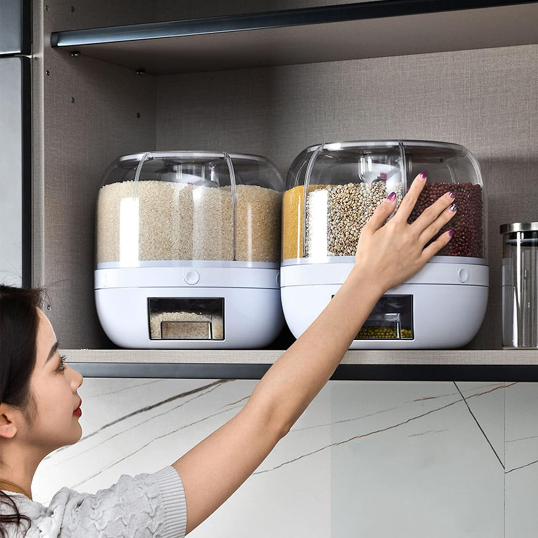 Rundspender für Trockenfutter, 360° Drehbarer Getreidespender Luftdichte Vorratsbehälter 6 In1 Küche