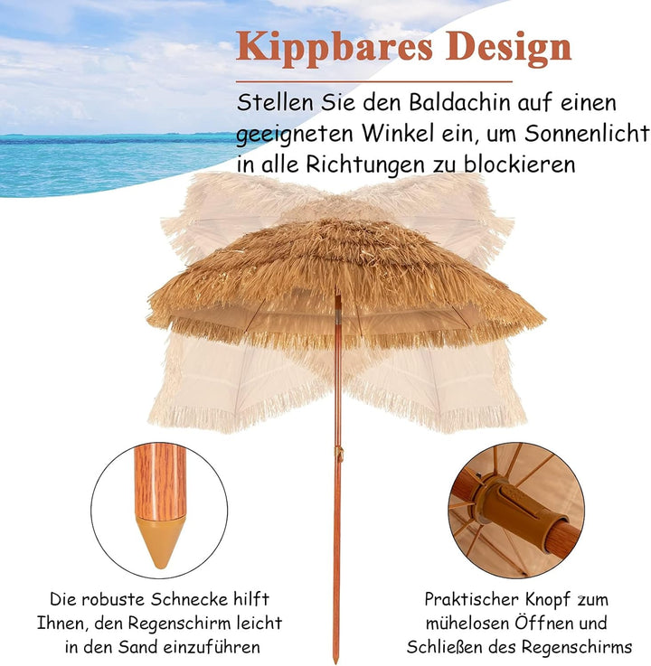 GOPLUS Sonnenschirm Hawaii, Ø 175 cm Sonnenschirm Stroh um 30° knickbar, Strandschirm mit PP-Stroh &amp;