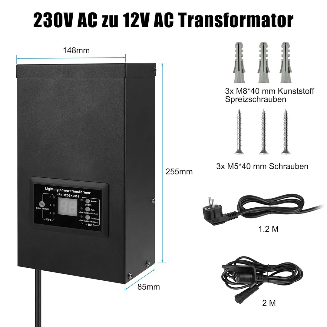 COOLWEST LED Transformator 120W mit Lichtsensor, LED Trafo 230V AC auf 12V AC mit Timer, Transformat